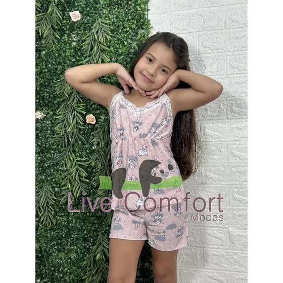 Short Doll Infantil Menina Confortável Pijama Estampado Divertido Baby Doll Renda Alcinha Regulagem