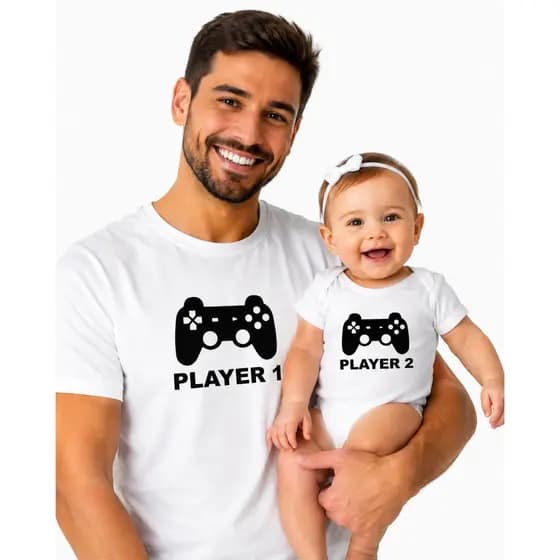 Kit Tal Pai Tal Filho Body e Camiseta Player 1 Player 2 Branco/Cinza Mescla