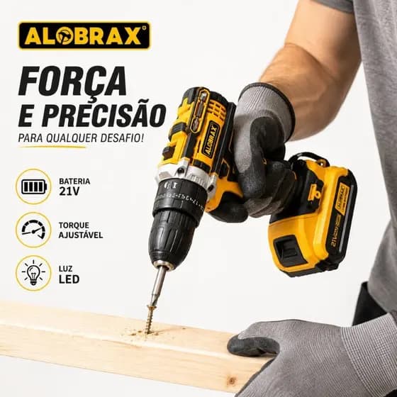 Furadeira Parafusadeira 21V Sem Fio Alobrax OBRA-101 Mandril 10mm Bateria Li-ion Carregador
