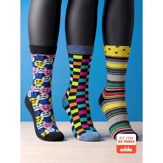 Kit 3 Pares Meias Divertidas Oddo Coloridas Xadrez Emoji Listras