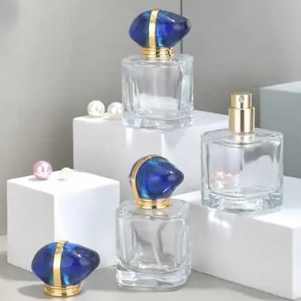 KIT FRASCO PERFUME 30ML QUADRADO COM VALVULA SPRAY, TAMPA AZUL LISTRA DOURADA + PORTA PERFUME 5ML