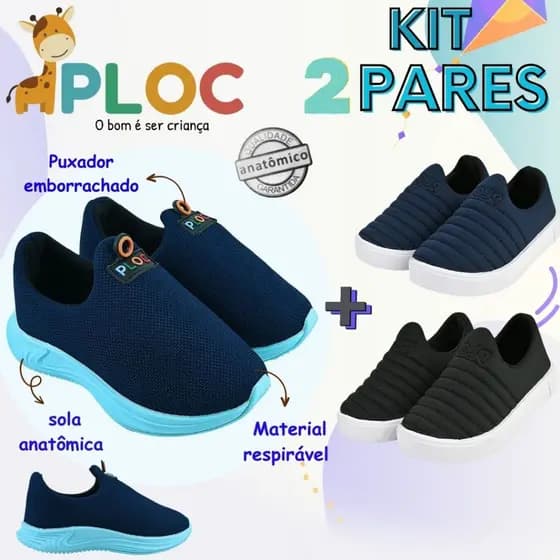 KIT 02 PARES TÊNIS INFANTIL: TÊNIS PLAY P26 COR A ESCOLHER + IATE MARINHO - PLOC ORIGINAL