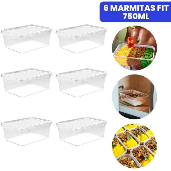 Kit 6 Potes Marmita Fit 750ML Retangular Com Tampa 4 Travas Jogo de Potes Livres de BPA