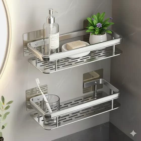 KIT 2 Suporte de Shampoo Organizador Cromado Inox Prateleira Sem Furo Banheiro Premium
