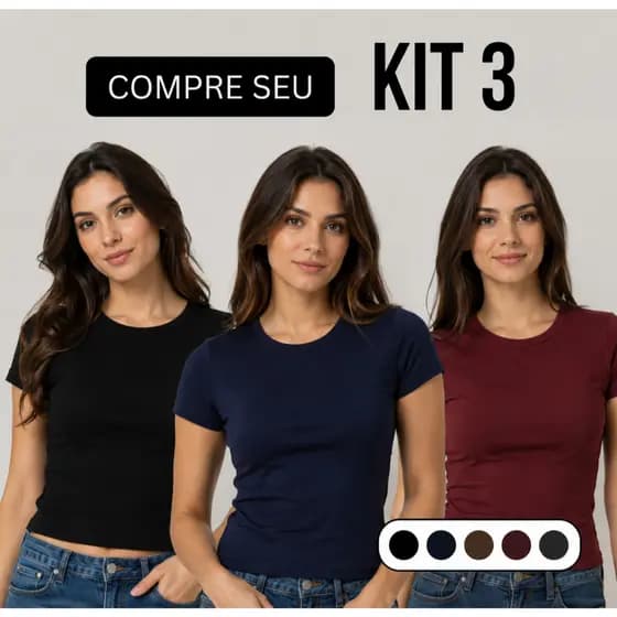 KIT 3 Baby Tee Feminina Manga Curta Casual Meia Estação Varias Cores