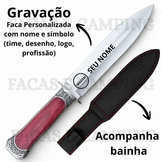 Adaga Premium Personalizada Aço Inox Cabo Vermelho Estilizado com Bainha
