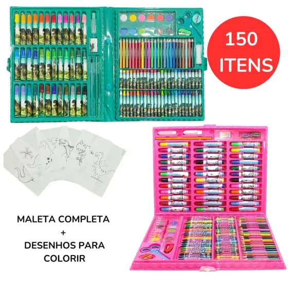 Maleta De Pintura Infantil Estojo 150 Peças Para Colorir Kit de Desenhar Canetinhas Unicórnio Dinossauro