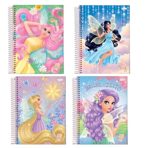 Kit 4 Caderno 1 Matéria Espiral Universitário 80 Folhas Estampa Conto de Fada Capa Dura Jandaia