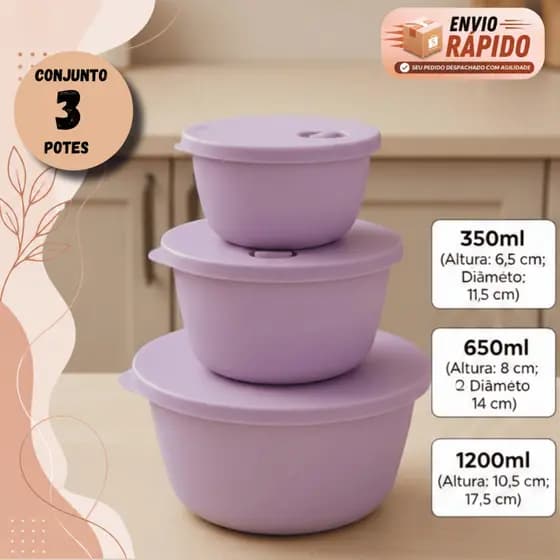 Jogo De Potes Redondos Coloridos Cozinha 3 Peças 350ml 650ml 1200ml Com Válvula Na Tampa Pote Para Guardar Alimentos