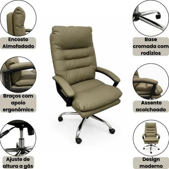 Cadeira Escritório Lumo Executiva Ergonômica Giratória Encosto Alto Assento Confortável Base Cromada