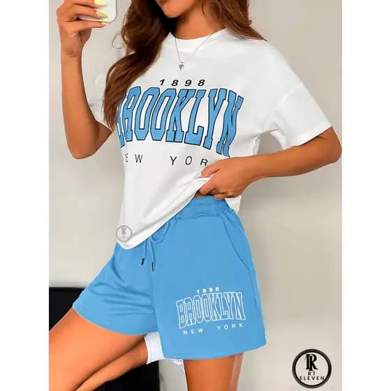 kit conjunto "FEMININO " Brooklyn-New york short moletom + blusinha 100% algodão feminina camiseta e shorts p academia