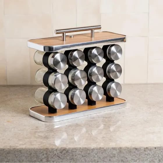 PORTA TEMPEROS KIT 12 PÇS VIDRO 1 SUPORTE DE MADEIRA E AÇO INOX