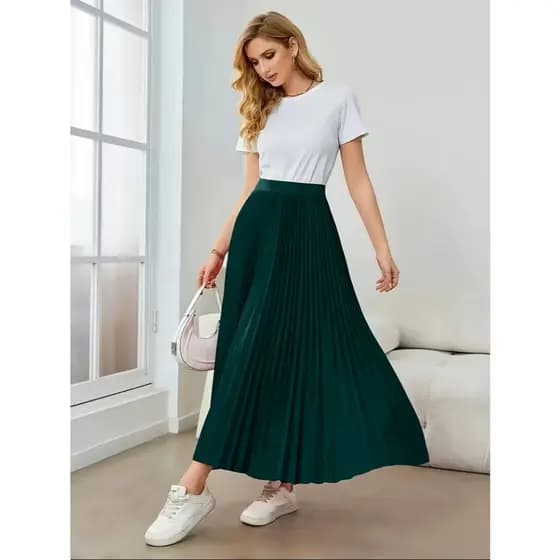 Saia Midi Elegante de Cintura Alta com Plissas para Mulheres - Tecido Macio e Versátil, Lavável à Máquina, Cor Sólida