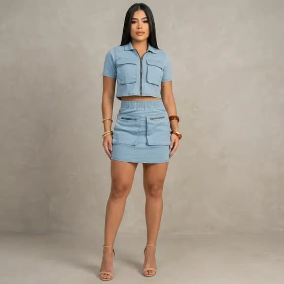 Conjunto Jeans Feminino com Lycra – Cropped com Zíper Frontal, Bolsos Bufantes e Mini Saia com Elástico na Cintura