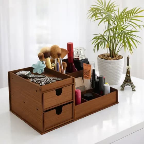 Organizador de Maquiagem Bijuterias MDF 2 Gavetas Cor Tabaco Personalizável De Mesa Porta Batom