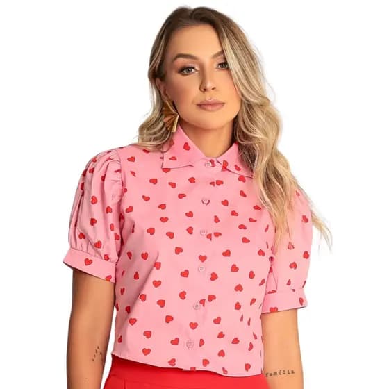 Blusa cropped Feminina camisa feminina manga curta Estampas coração botões Frontais Casual