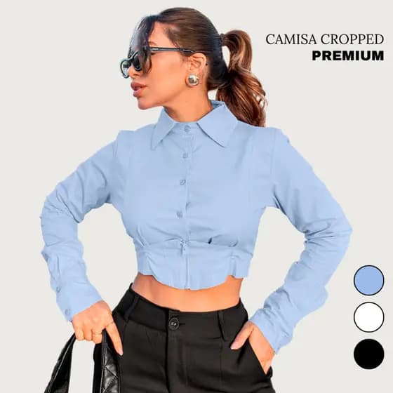 Blusa Camisa Cropped Manga Longa Tricoline Elegante