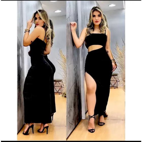 Vestido Feminino Longo de Alça com Fenda Lateral em Malha Canelada