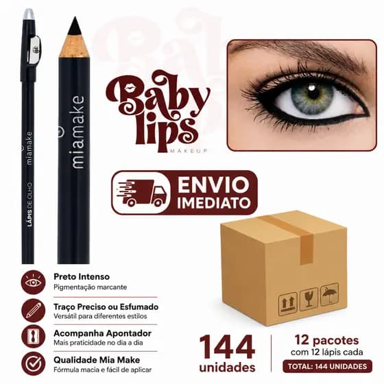 Caixa c/ 144 Lápis de Olho Preto com Apontador Mia Make 282 Atacado Revenda