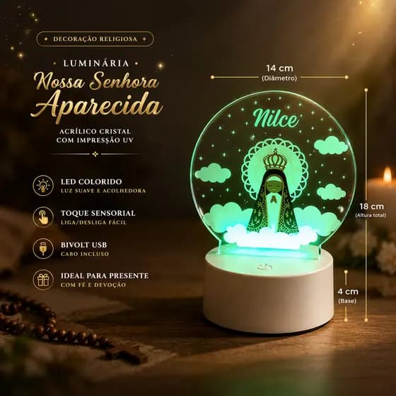 Luminaria mesa Nossa Senhora Aparecida LED acrílico decoração religiosa presente Dia das Mães