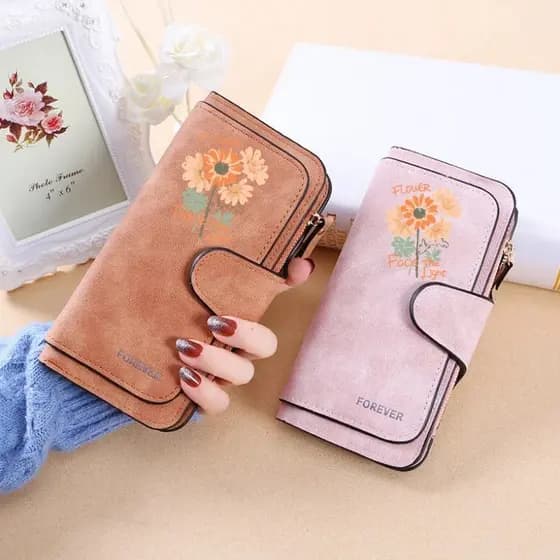 Carteira Longa Feminina Com Estampa De Flores , Bolsa De Camurça Sintética , Compartimentos Para Vários Cartões , Zíper