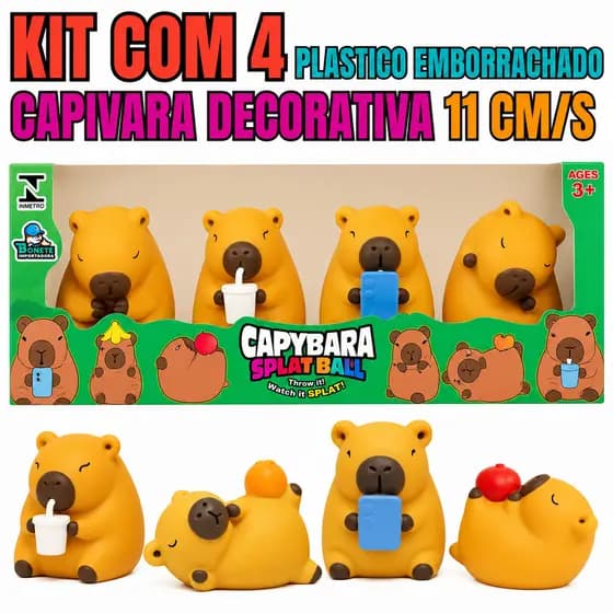 Kit 4 Capivaras Decorativas 11cm – Plástico Emborrachado e Detalhes Fofos