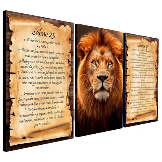 Quadros Decorativos 3 Peças Leão de Judá Pergaminho Salmos 23 e 21 Casa Sala Quarto Decoração Parede