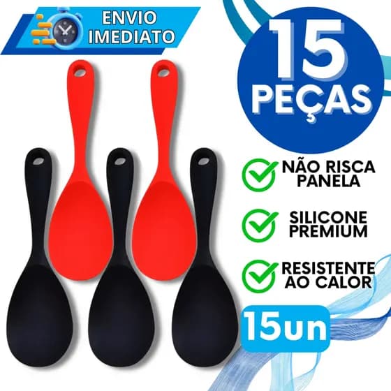 KIT Jogo 15 Colher de Servir em Silicone Premium Utensilio de Cozinha Resistente Não Risca Panela para Casa Restaurante