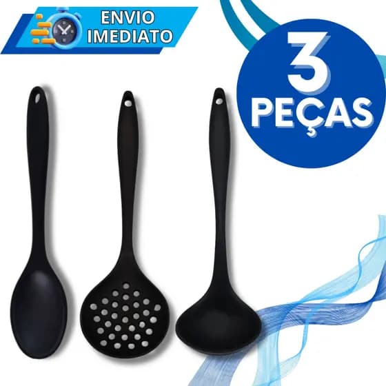 KIT Jogo 3 Utensílios de Cozinha Silicone Premium Super Resistente Colher Concha Escumadeira Não Risca a Panela