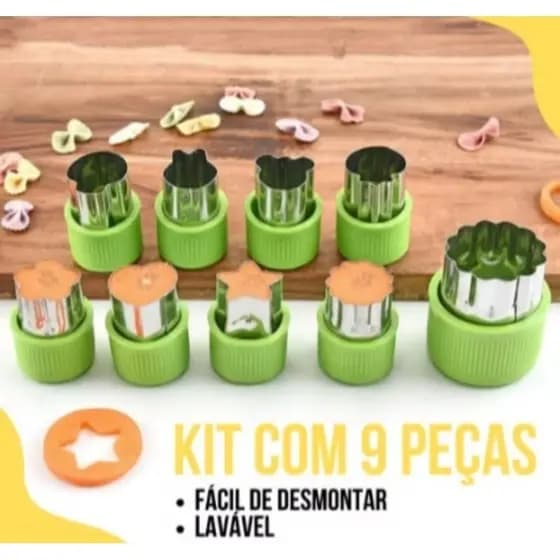 Kit com 9 mini cortadores para Frutas, Bolachinhas Legumes petisco Lancheira Escolar