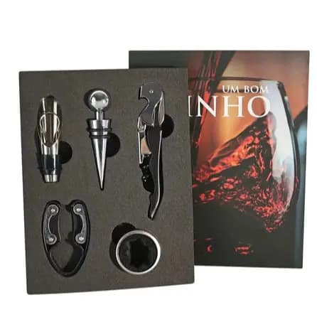 Kit de Vinho Livro Abridor Saca Rolhas Tampa Dosador 05 Peças Luxo