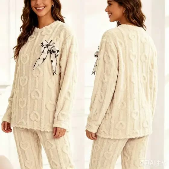 Conjunto Pijama De Inverno Pelúcia Quente De 2 Peças De Roupa De Dormir Elegante lacinho E Calças Confortáveis 5662