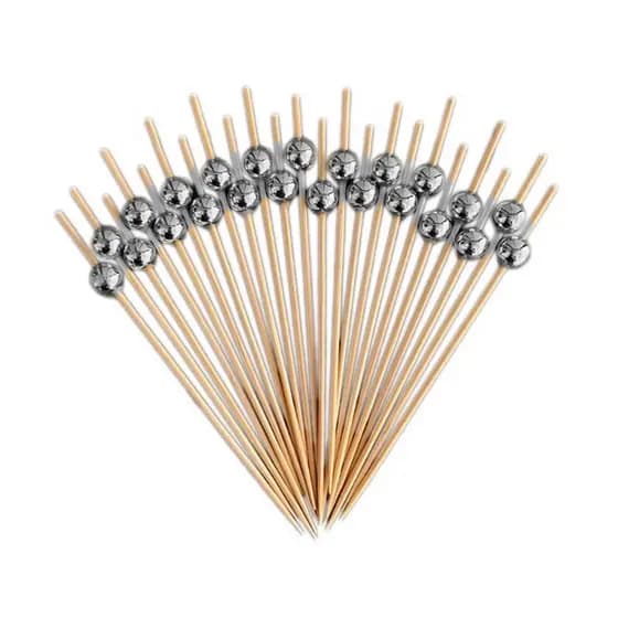 Kit 100 Palitos de Bambu Para Petisco Decorado Bolinha dourada prata 12cm