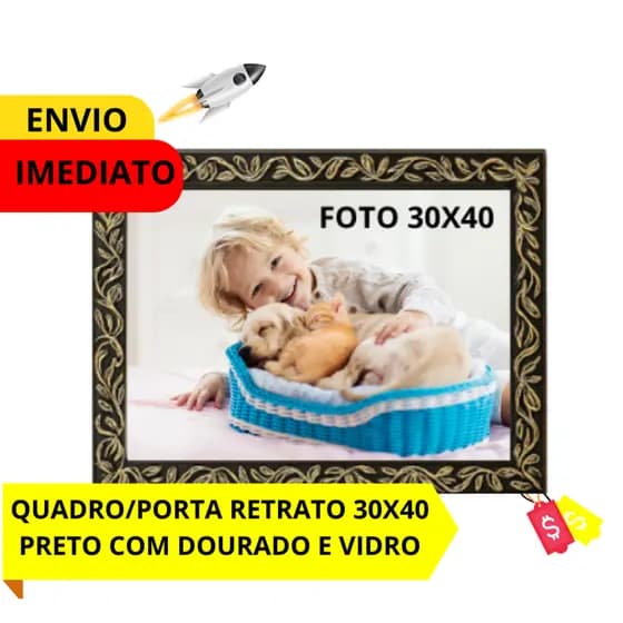 QUADRO/ PORTA RETRATO 30X40 PRETO COM DOURADO NA GRAVAÇÃO FLORAL PARA DECORACÃO COM VIDRO E HDF