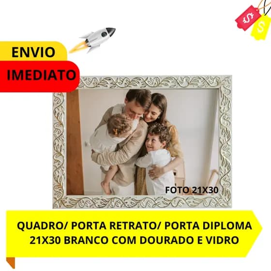 QUADRO/ PORTA RETRATO 21X30 BRANCO COM DOURADO NA GRAVAÇÃO FLORAL PARA CERTIFICADO E DIPLOMA COM VIDRO E HDF