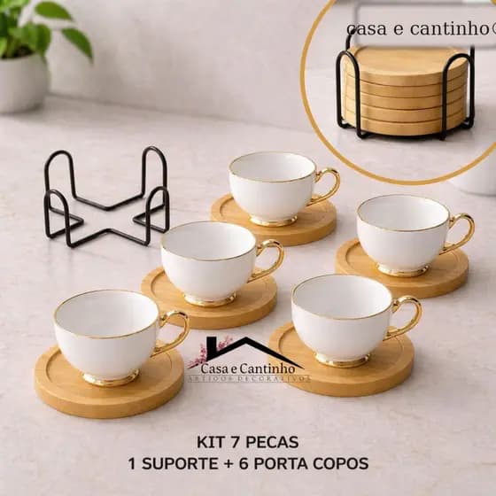 Porta Xícaras de Bambu Porta Copos Redondo com Suporte de Ferro Para Mesa Cozinha e Escritorio