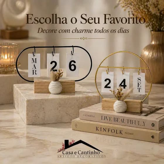 Calendário de Mesa Decorativo com Plaquinhas Dupla Face Dourado/Preto Florido Permanente Escritório
