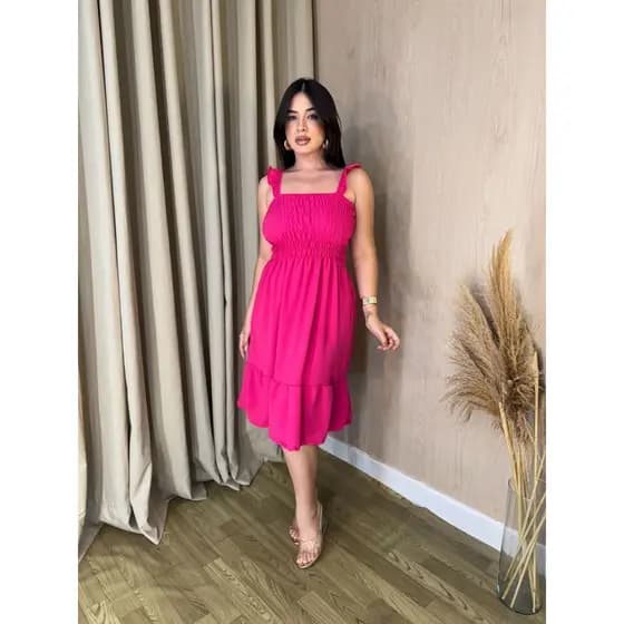 vestido feminino mídi SOLTINHO ESTILOSO com babado e com elastex no busto e na manga 035