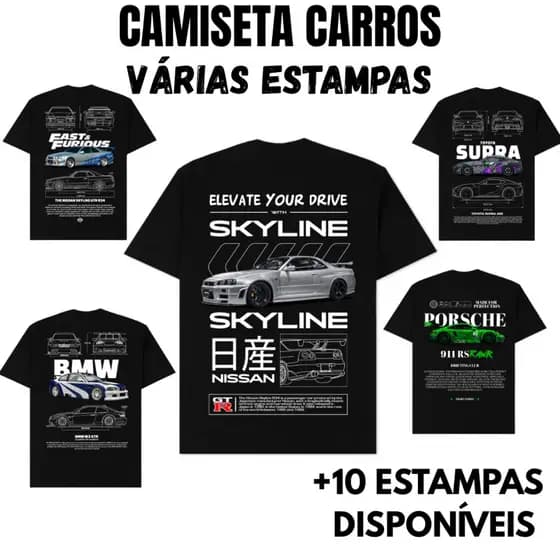 Camiseta Masculina Preta Estampada Carros –Tradicional P ao G3 Plus size- Estampas Variadas