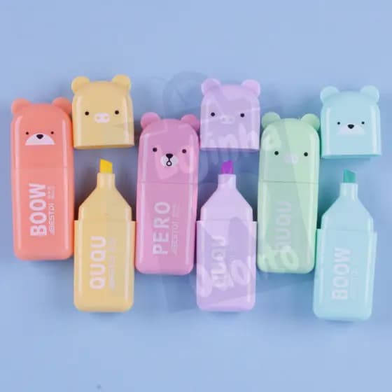 Mini Marca Texto Ursinho + Porco Kawaii Boow Bichinhos | Marca Texto Cores Variadas | Marca Texto Fofo - Kit 6 cores
