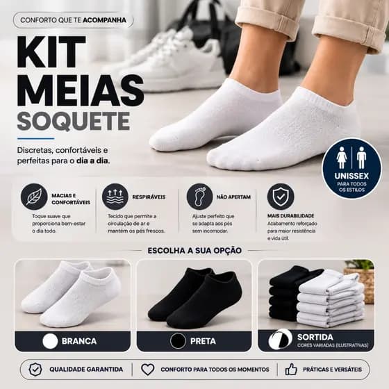 Kit 6 Pares Meia Soquete Invisível Com Ajuste Perfeito Unissex De Cano Curto