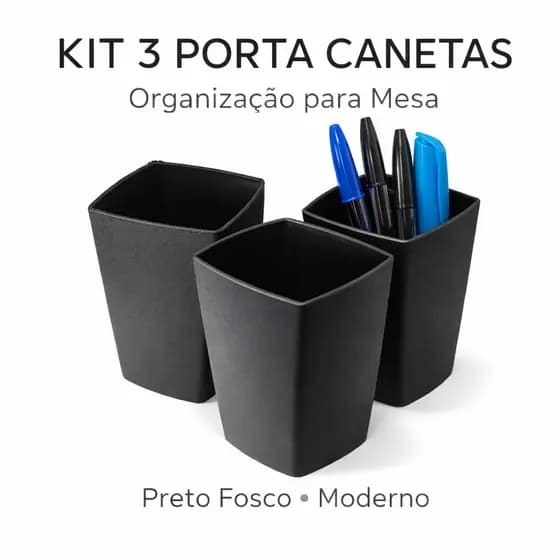 Porta Canetas Preto Kit 3 Unidades Organizador de Mesa Escritório Porta Lápis