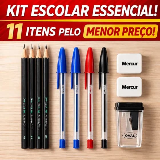 Kit Escolar Essencial 11 Itens Canetas + Lápis + Borracha + Apontador Material Escolar