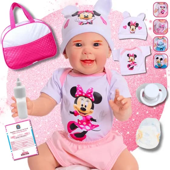 Bebê Reborn Boneca Realista Minnie Em Silicone Com Bolsa Maternidade Envio Imediato