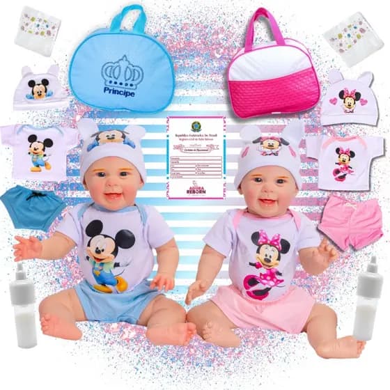 Gêmeos Bebê Reborn Boneca Realista Mayze Menina e Menino Silicone com Bolsa Maternidade.