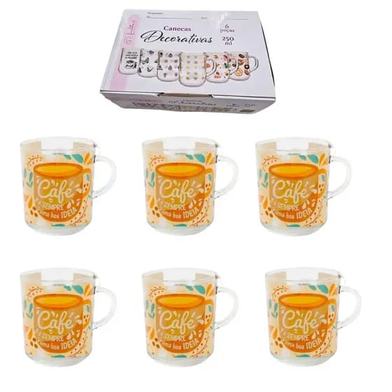 Kit 6 Xicaras Canecas Vidro Cafe 250 Ml Caixa De Presente