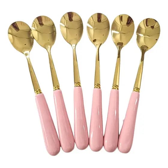 Colher De Cha 6 Peças Talheres Dourado com Rosa cabo de ceramica esmaltada 12 Cm