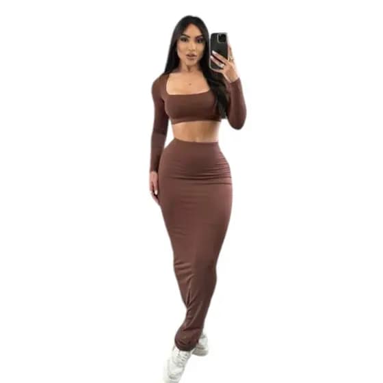 Conjunto Decotado Cropped Manga Longa SUPLEX Saia Longa Top de Frio