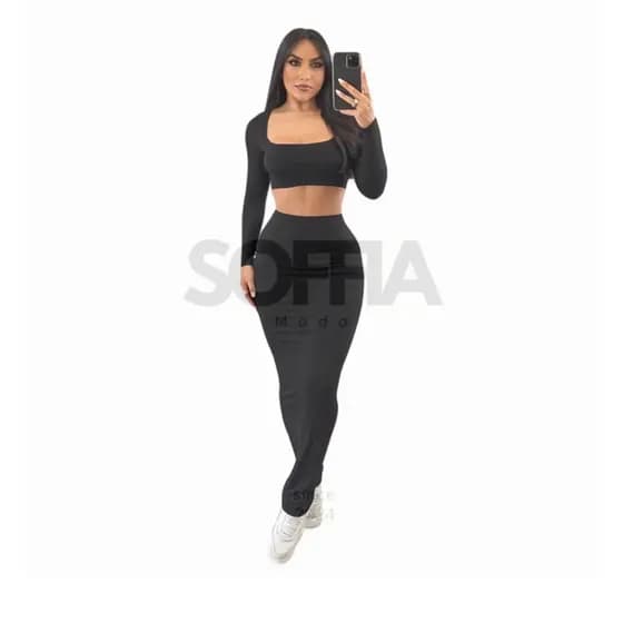 Conjunto Decotado SUPLEX Manga Longa Frio-Saia Longa Colada Blogueira