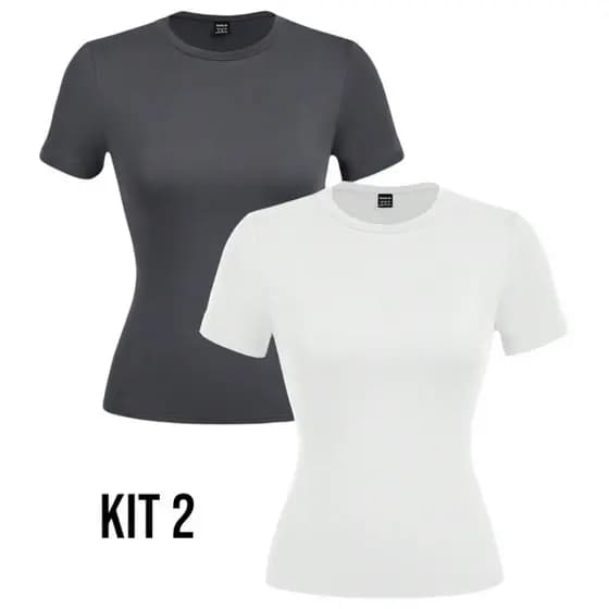 Kit 2 Blusa Manga Curta Baby Tee SUPLEX Moda Gringa Tshirt Gola O